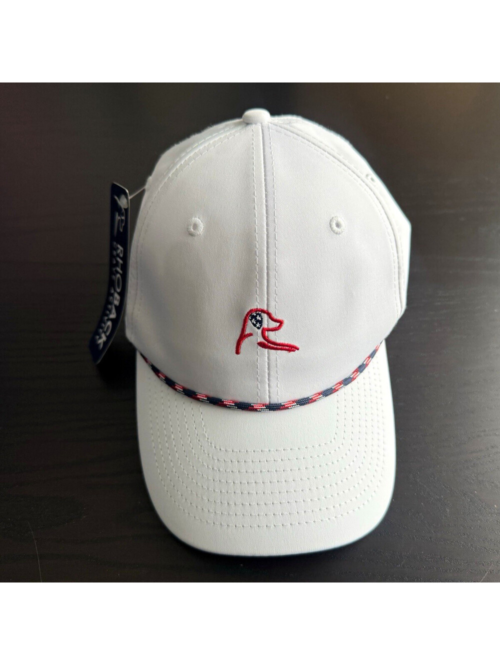 Rhoback The Bunker Golf Hat White Performance Rope Snapback Cap USA Flag Dog OS